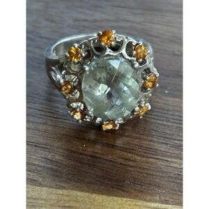 925 Sterling Silver Genuine Prasiolite & Orange Sapphire Ladies Ring Size 7